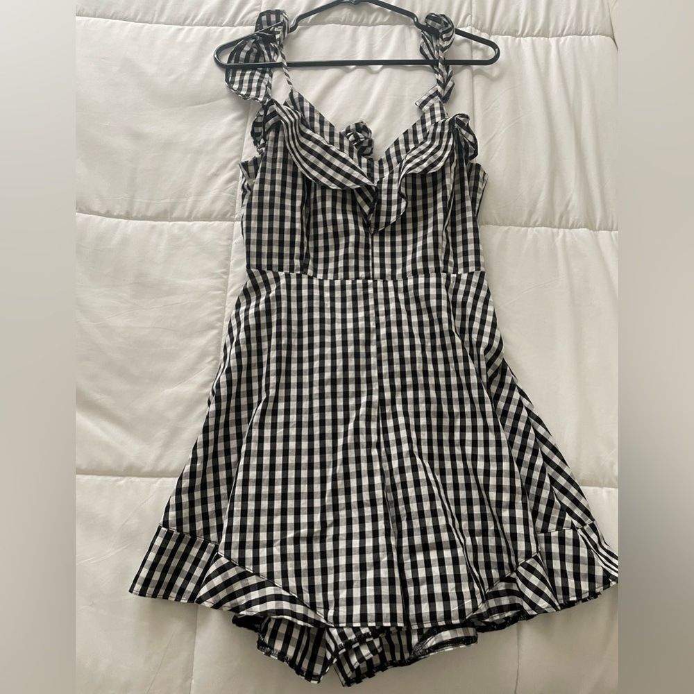 Saks Fifth Avenue gingham romper with ruffle details and tie back